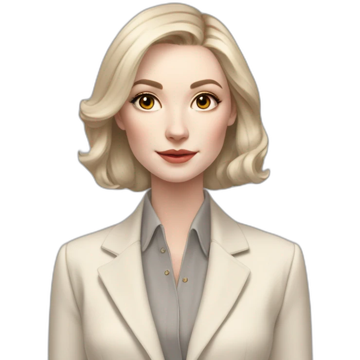 pale skin woman with ash blonde Straightened bob Hair, White Spacious classical jacket, beige palazzo Arrow pants and gray blouse holding RAL colour palette in the hands emoji