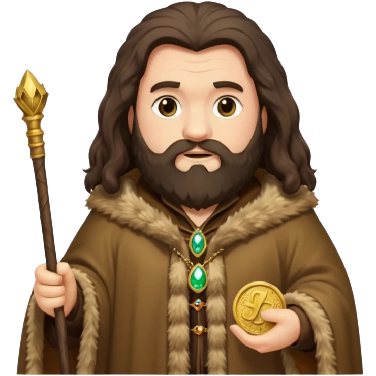 A rich, opulent version of Hagrid with a jeweled cane and a fur-lined cloak, surrounded by gold coins, emoji style emoji