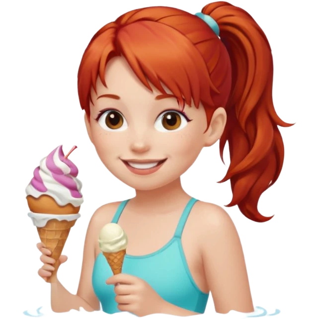 girl kid red haired swimsuit, eating ice cream, ponytail emoji