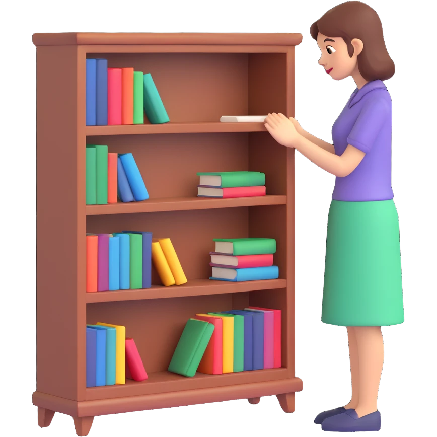 a sad woman looking at a small bookcase emoji