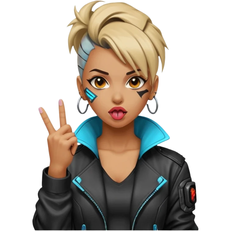 Woman with her tongue out in cyberpunk clothing and giving the middle finger. Looking naughty. emoji