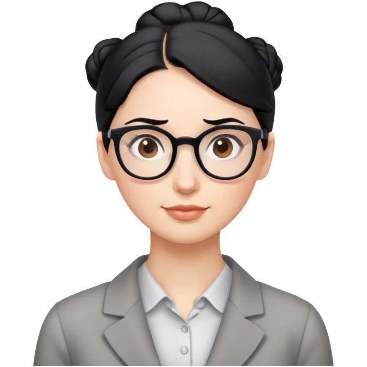 pale teacher with black hair in a bun, with brown eyes, wearing gray glasses emoji
