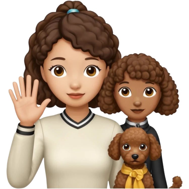 A Asia pony tail girls and brown poodle Say goodbye emoji