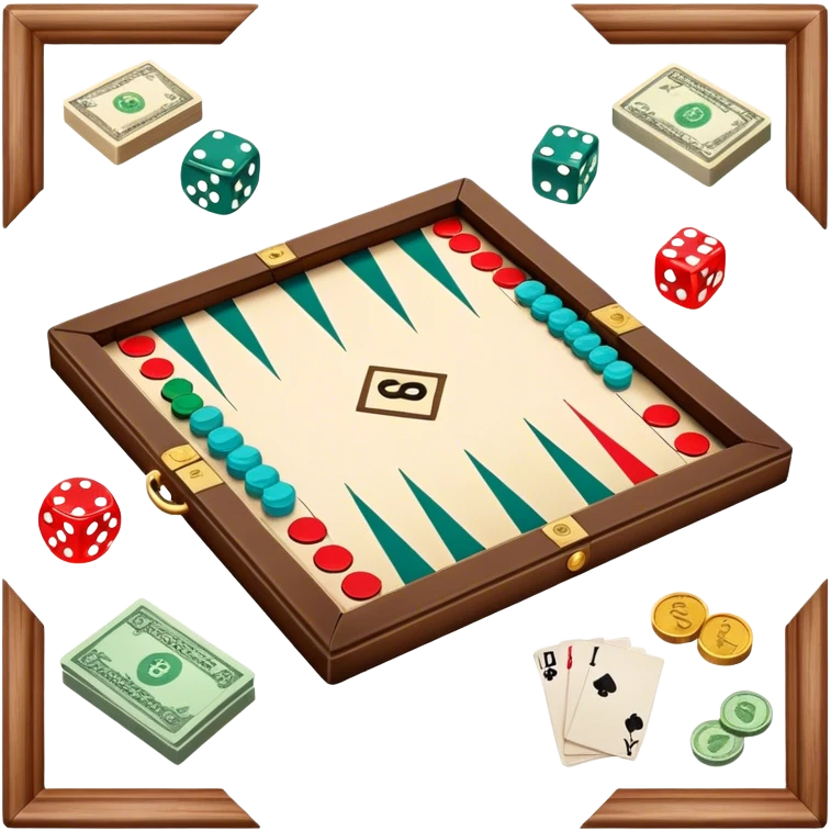 A photorealistic icon featuring a backgammon board with dice, a Monopoly board with money and property cards and a Game of Life spinner. The design captures the detailed textures of the boards, pieces, and accessories. Transparent background. emoji