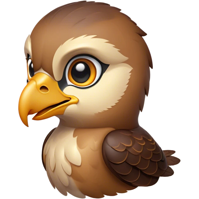 Cinematic Cute Hawk Portrait Emoji, Head tilted playfully and inquisitively, featuring a compact, streamlined form with a delicately curved beak and round, sparkling eyes full of curious charm, Simplified yet irresistibly adorable features, highly detailed, glowing with a warm, inviting glow, high shine, affectionate and lively, stylized with a touch of whimsical aerial grace, soft glowing outline, capturing the essence of a mischievous yet endearing hawk that seems as if it could swoop out of the screen into your heart! emoji