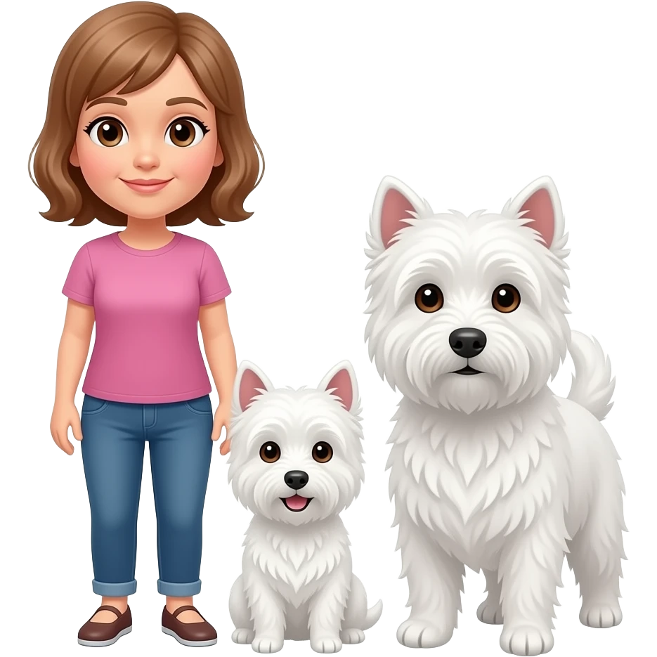 Middle age woman brown eyes , shoulder length light brown hair, with a female westie and a male westie emoji