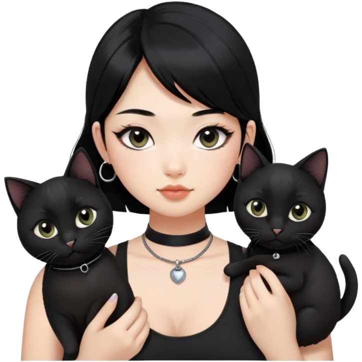 Asian girl, black hair.  Holding two BLACK cats with one cat has a round fat face. Both pure black.  The girl also wearing a black singlet, a black chocker, silver round hook earring, and wearing eyeliner.  emoji