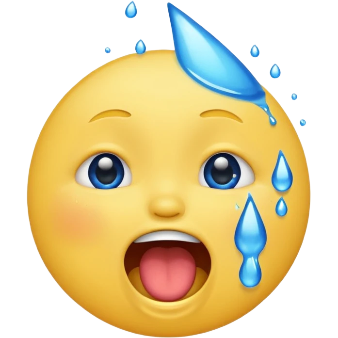 Emoji, yellow round laughing face, open mouth with Splashing blue tears from the eyes  emoji