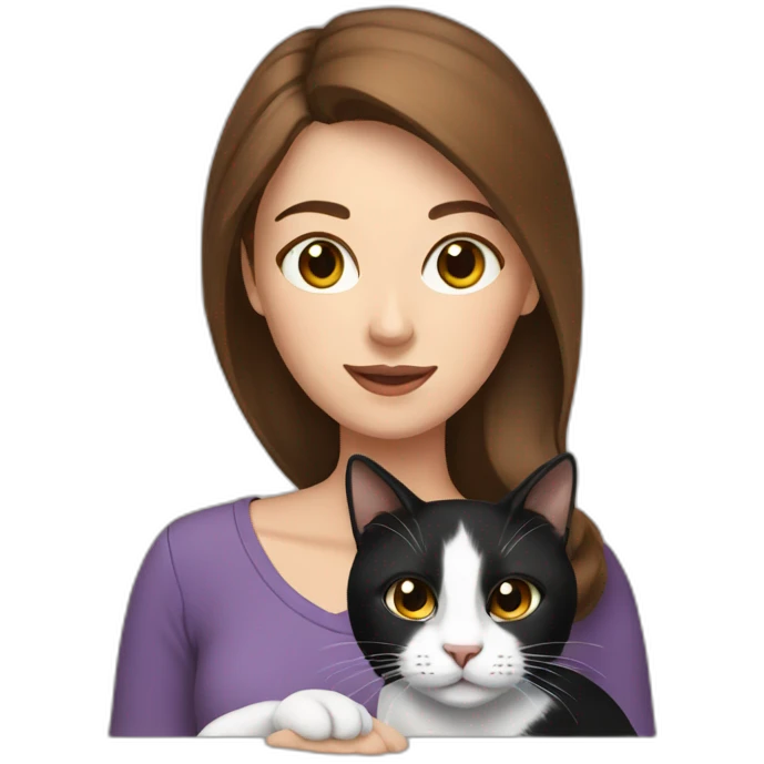 woman with brown hair holding a black and white cat emoji