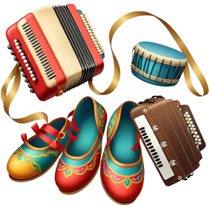 Icon for Folk Dance: close-up traditional dance shoes, colorful folk costumes, and a dance circle with ribbons and musical instruments like a tambourine or accordion. The icon should represent the vibrant and cultural aspects of folk dancing. Transparent background. emoji