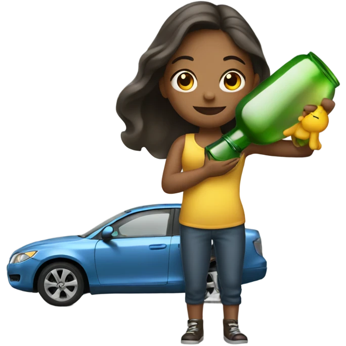 girl with big bottle in hand and car emoji