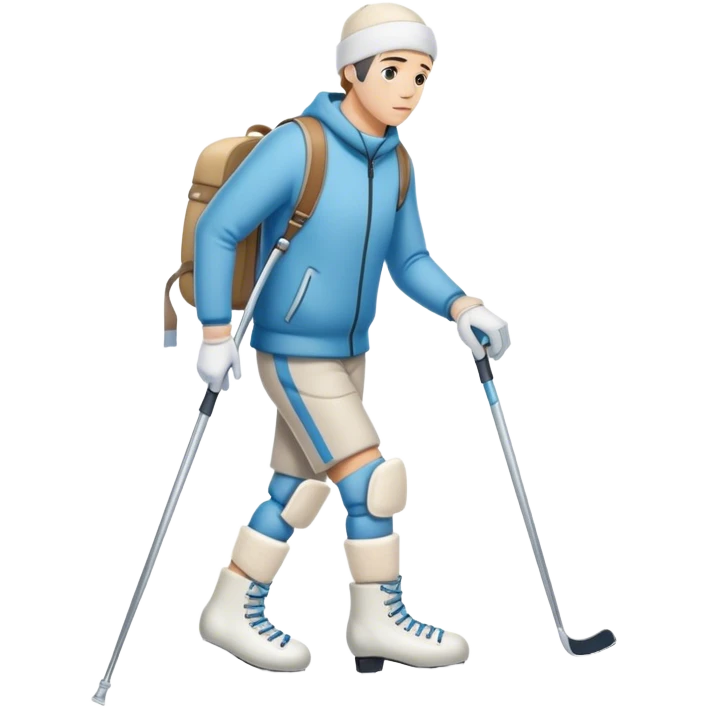 una hombre con el pie lesionado que está vendado en  muletas con unos patines de hielo en la mano y cara de lesión 
 emoji