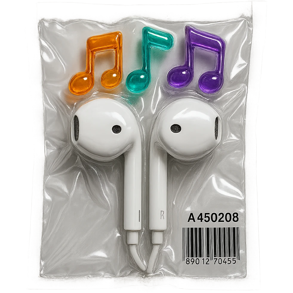 pair of white EarPods with three colorful transparent music notes in orange, teal, and violet arranged above, shiny and puffy emoji