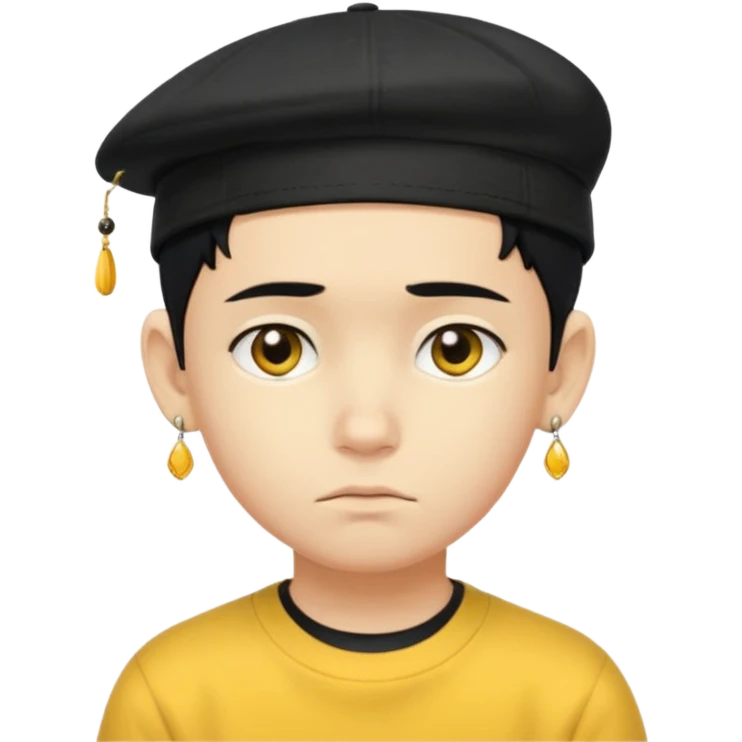 Create me an emoji like that, sad, with earrings, a black cap backwards, yellow skin like an emoji, and short hair down to the nape of my neck. Let it be a boy emoji