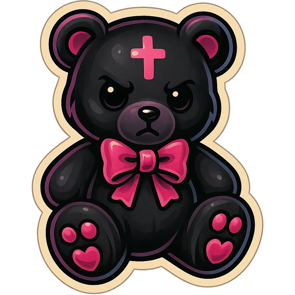 gothic teddy bear, black and pink, retro stickers style emoji