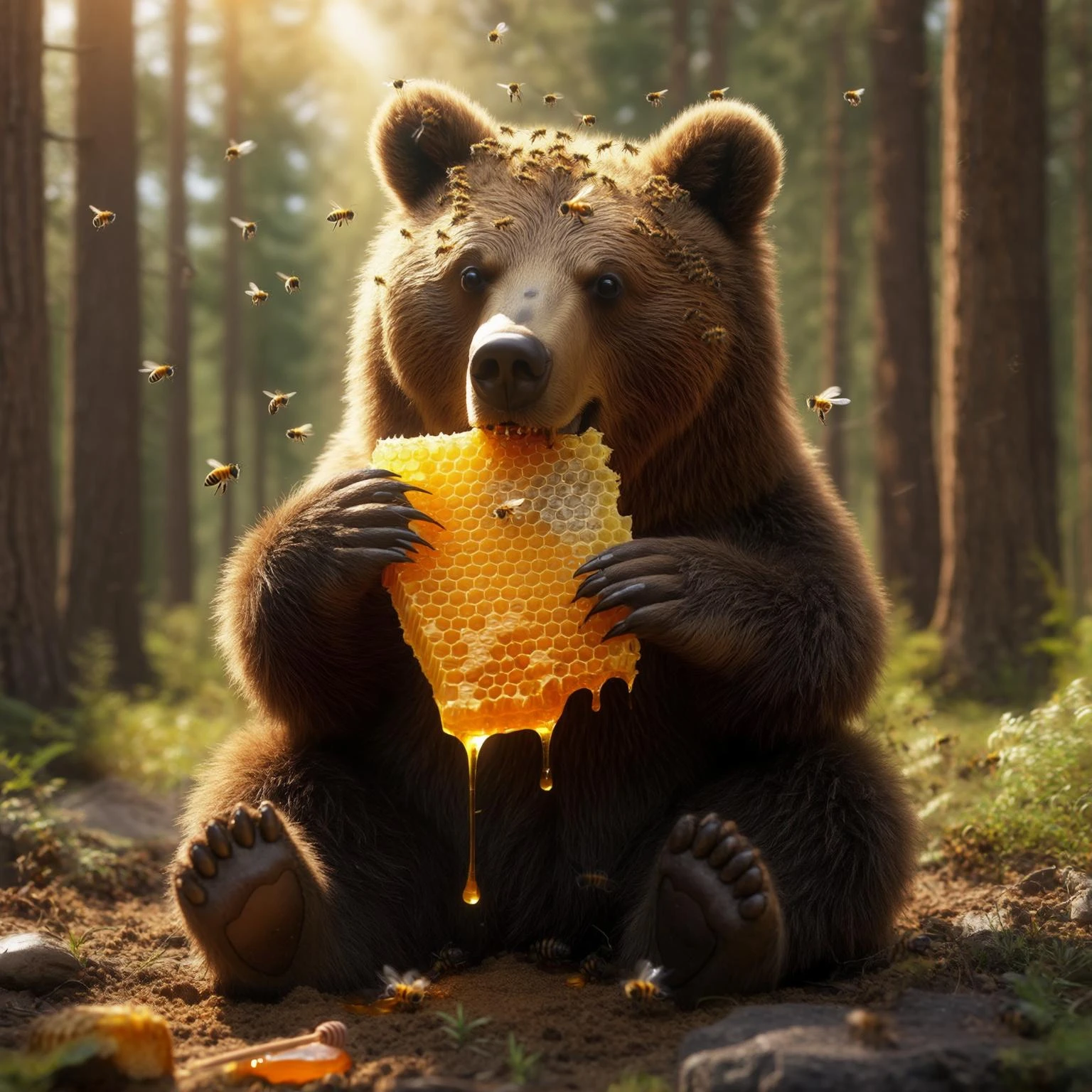 bear eating honeycomb with bees flying around emoji