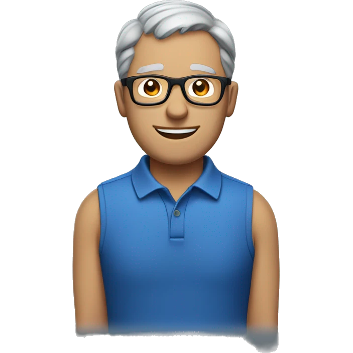 grey short hair middle age man, blue polo, black glasses emoji