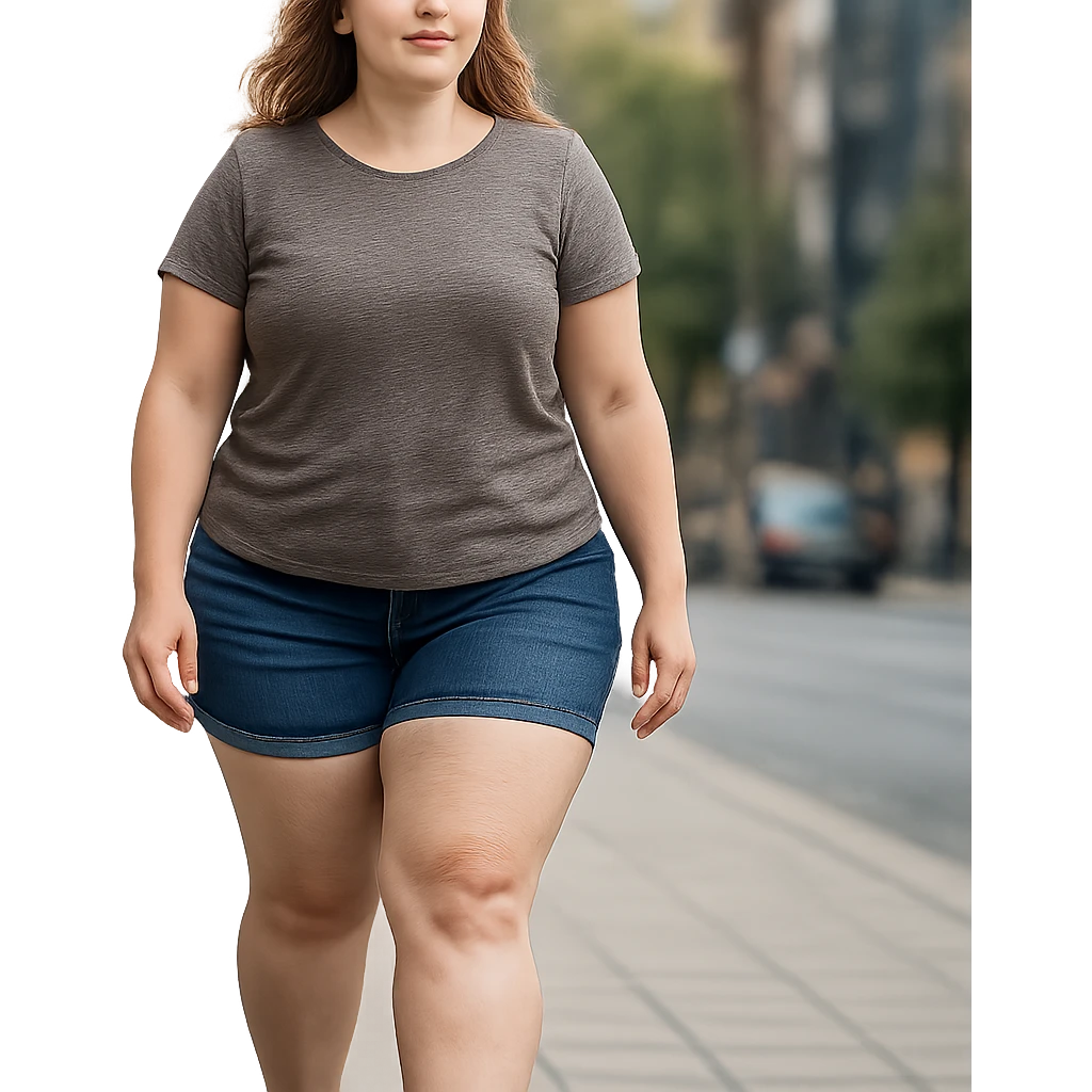 hyper realistic 4K woman walking outdoors, fat on thighs and legs, normal physique, urban background, relaxed atmosphere emoji