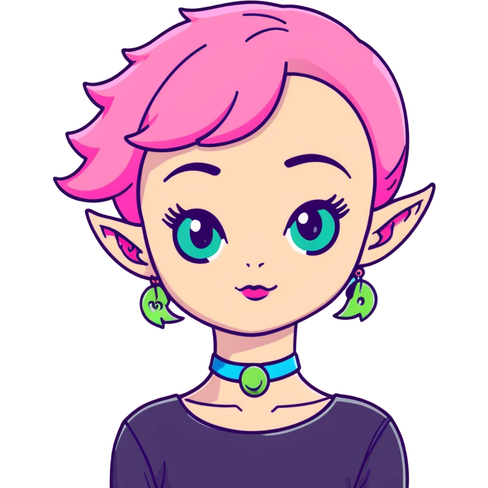 girl with blue eyes, pink makeup, narrow eyebrows, earrings, green alien head choker, black and pink blouse, curly shoulder-length hair, half hot pink half ginger, short straight baby bangs emoji