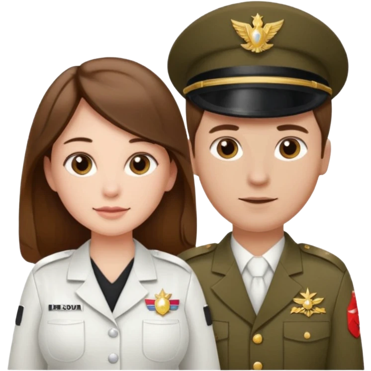 

"Woman with long brown hair and fair skin, pregnant, wearing a white cosmetologist uniform, and man with short brown hair and fair skin (without mustache), wearing a brown military uniform."

 emoji