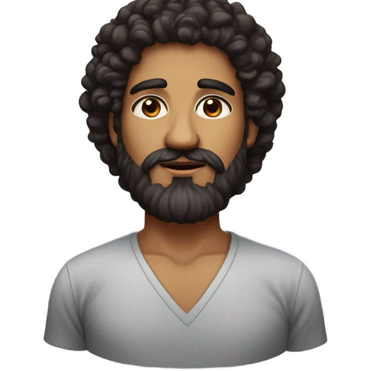 a person with a head of thick, dark curly hair that sits voluminously atop their head. he have a brown eyes, set above a broad nose and full lips. A prominent, full dark beard covers the lower part of the face, extending to the chin and upper neck. The face has a round shape with noticeable cheekbones, and the skin tone is a warm medium brown emoji