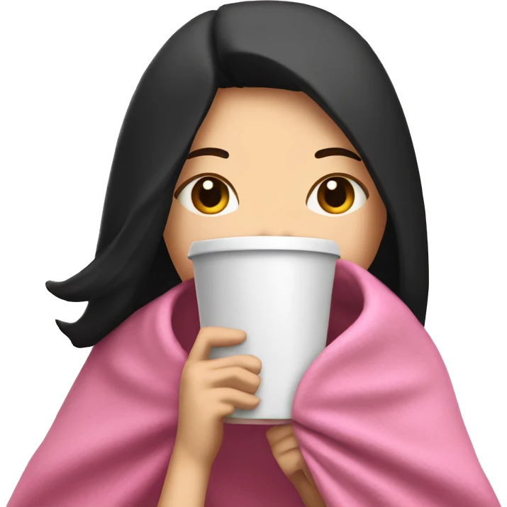 white girl with black straight hair inside a pink blanket sipping coffee eyes closed emoji