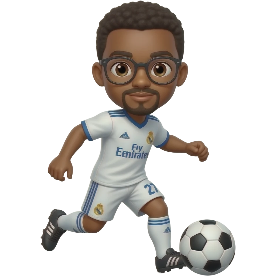 black boy with glasses playing soccer with  madrid jersey number 27 and a little mustache and a goatee emoji