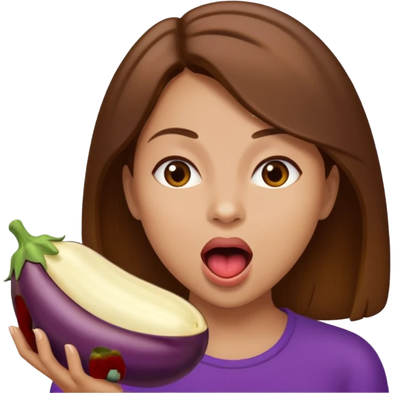 Brown hair light skin woman mouth open about to eat an eggplant emoji