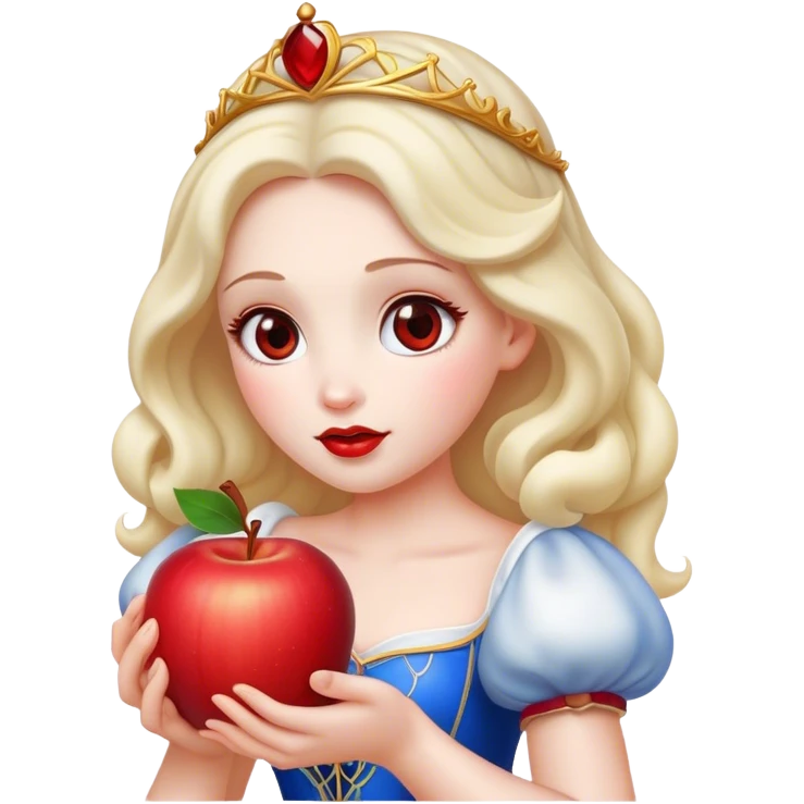 Cinematic Elegant Snow White Portrait Emoji, Delicately holding a red apple, eyes glimmering with mystery, soft curls perfectly placed, her royal presence glowing with a warm, enchanting charm! emoji
