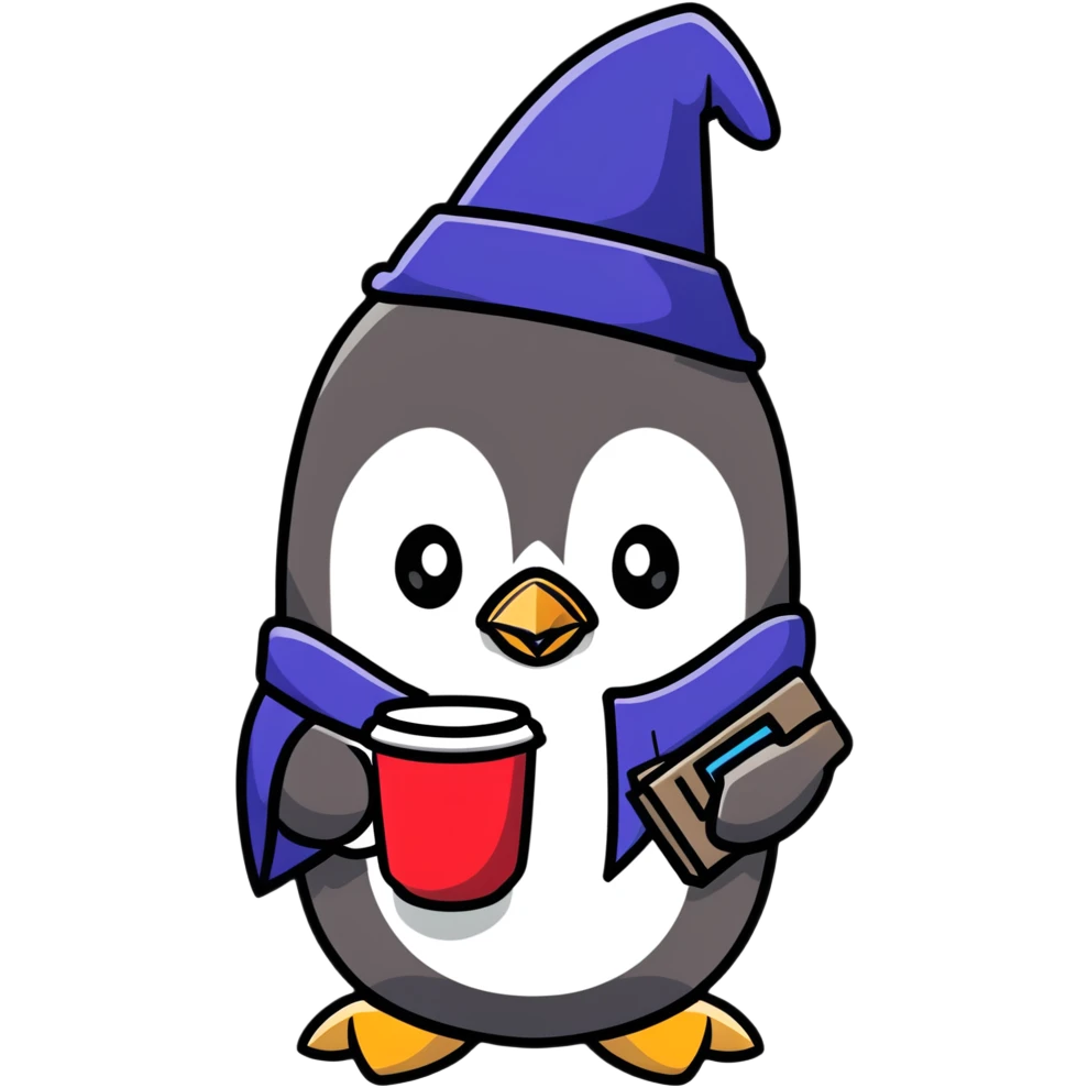 Penguin wizard drinking coffee while using iPhone emoji
