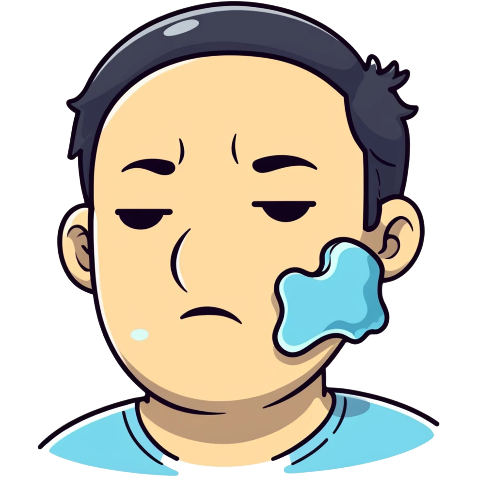 Person holding ice on swollen cheek, painful expression emoji