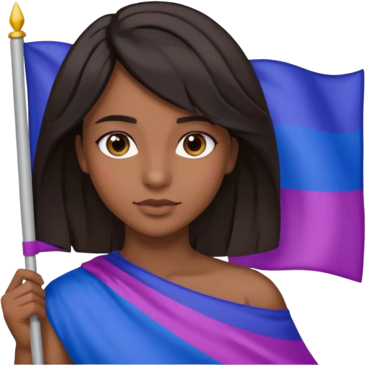 eu com a bandeira bissexual, sou parda, com cabelos negros que vão até a altura dos ombros levemente ondulados, olhos castanhos, emoji