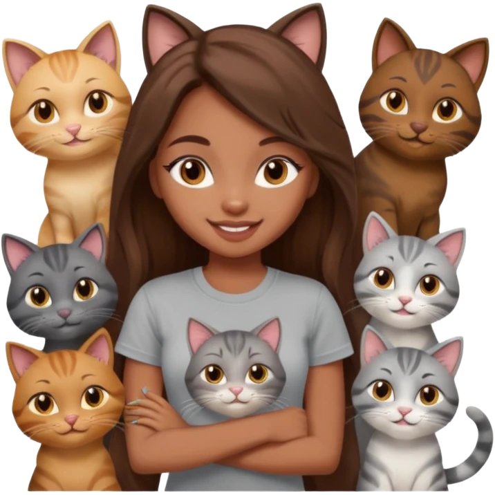 a pretty bratz dusky girl with long brown hair with six cats nd wearing a grey tshirt emoji
