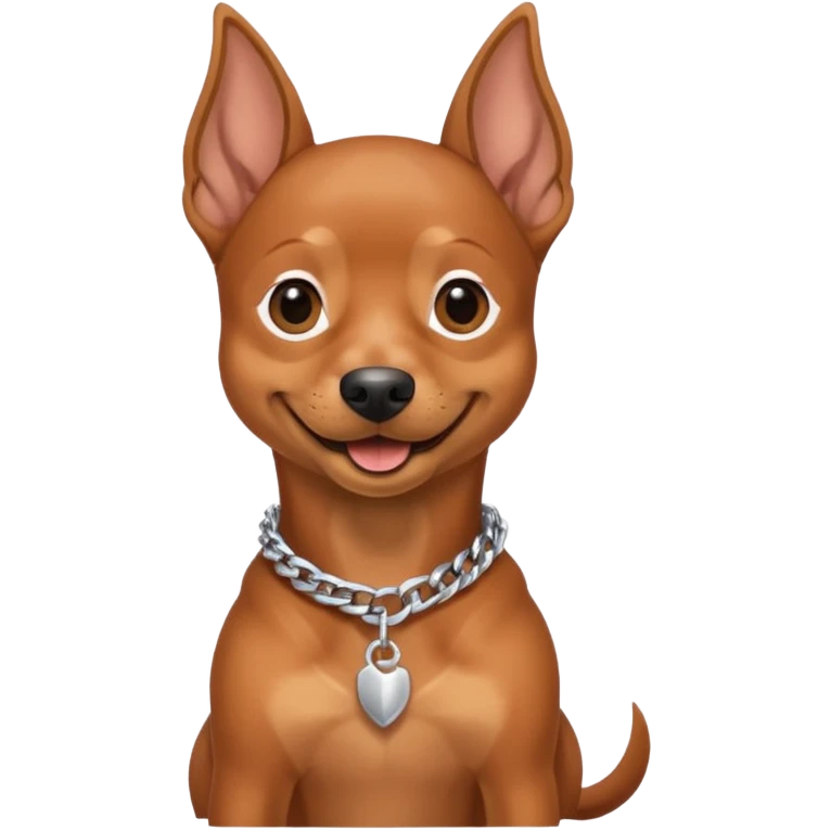 a pinscher dog sitting and smiling with a silver chain in the neck emoji