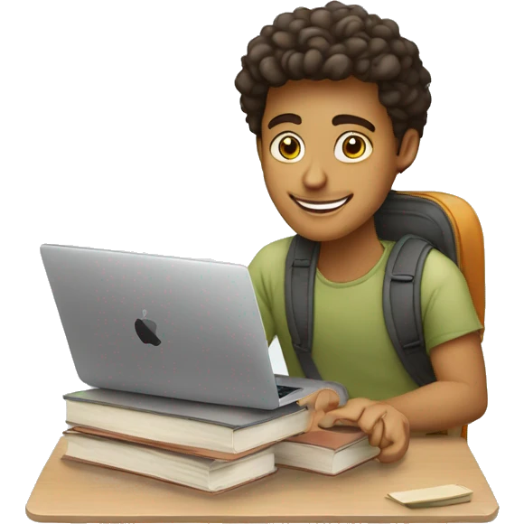Generate me an emoji of a guy with book and macbook ( student ). He looks happy  emoji