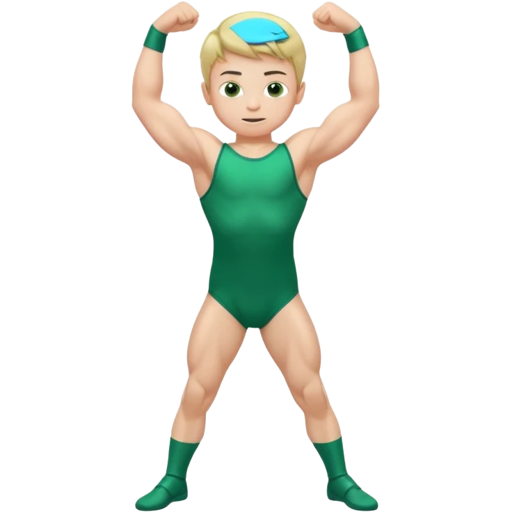 Little boy in a green leotard flexing his arms and bending his knees emoji