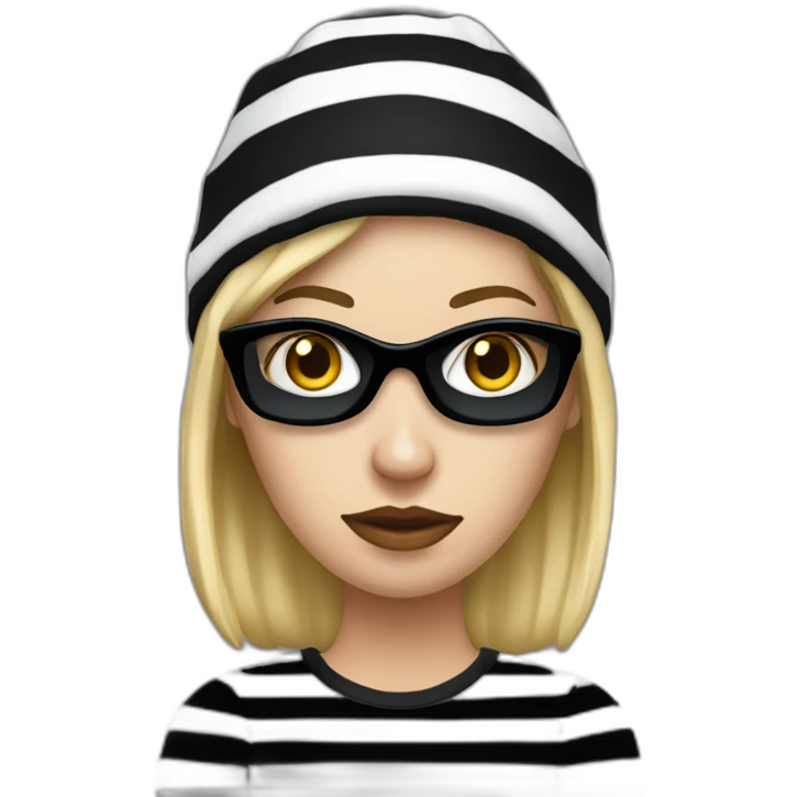 bank robber blonde woman with black beanie hat eye mask and striped shirt emoji