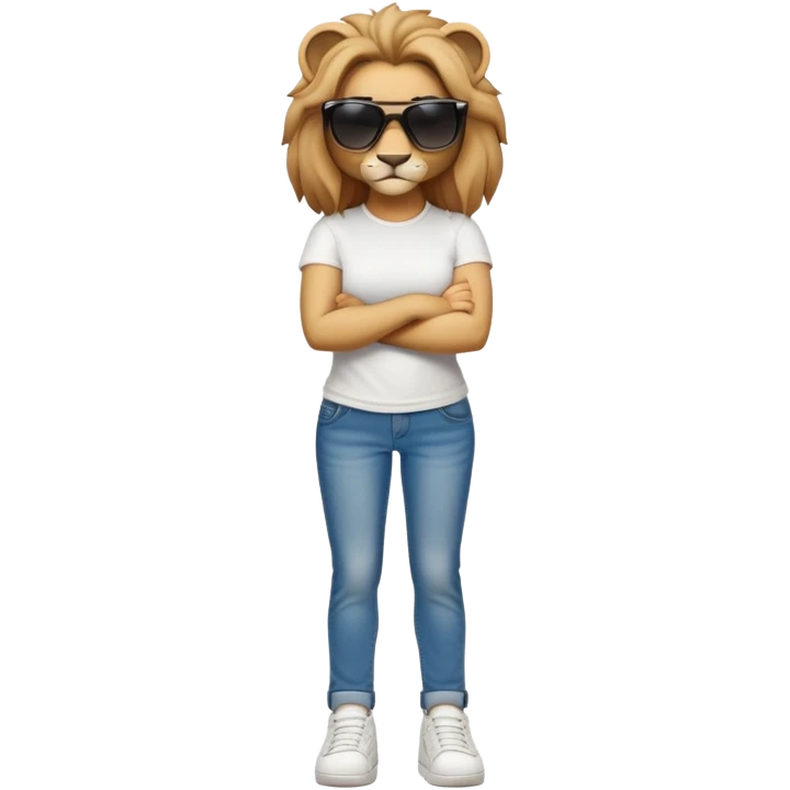 confident anthropomorphised female lion, full body, arms folded, wearing jeans, white t-shirt, dark sunglasses, trainers, looking determined emoji