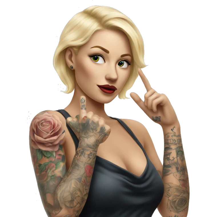 Blonde elegant women, her Body Covered with Tattoos, POINTING YOU with her ONE HAND , Hyper realistic emoji