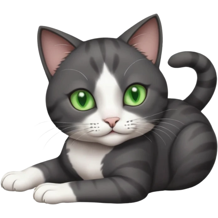 beautiful female solid dark grey cat with green eyes, white toes/paws and white patch on her chest rolling over emoji