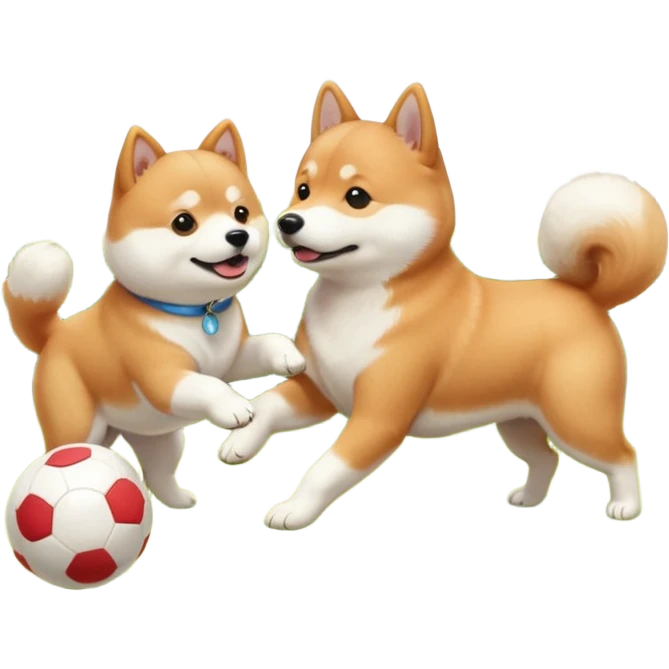 2 dogs, a ginger shiba inu and a small white dog breed coton de tulear, playing with a ball in a sunny garden emoji