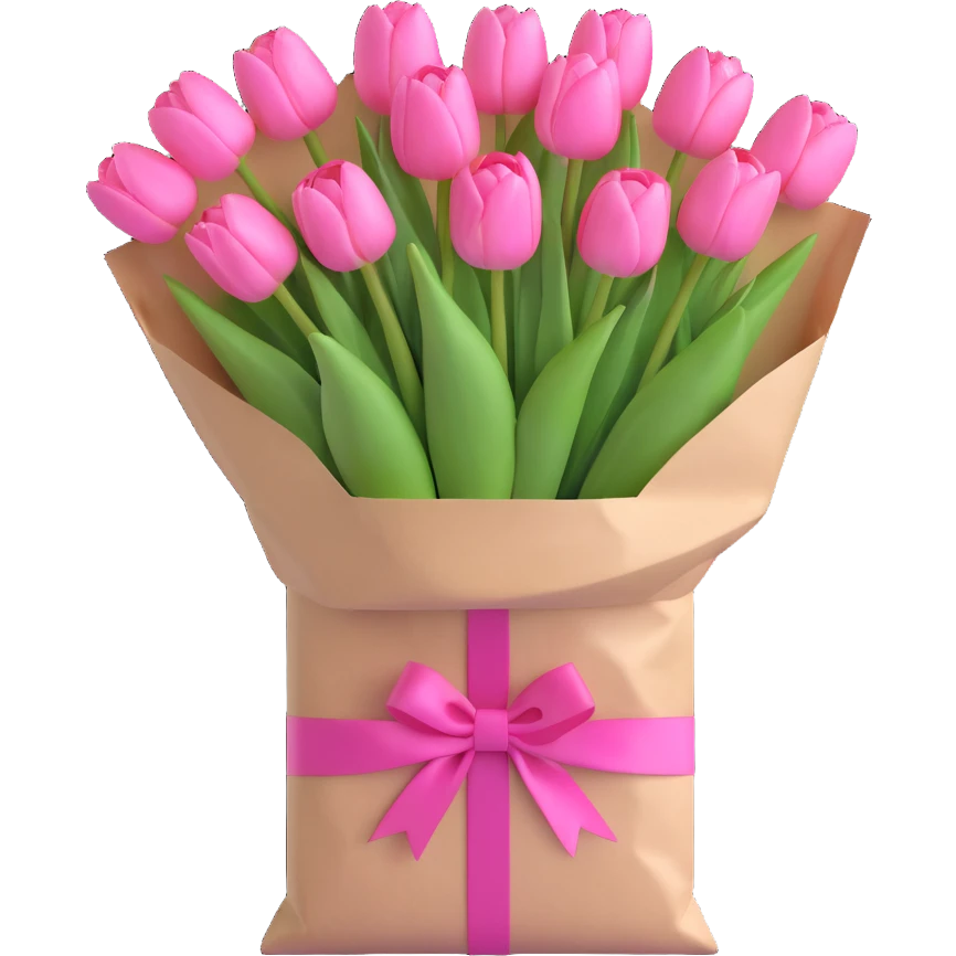 a bouquet of pink tulips in a white paper bag tied with a pink ribbon, 3D iOS emoji style, pastel pinks and mint greens, subtle shadows, minimal and fresh emoji