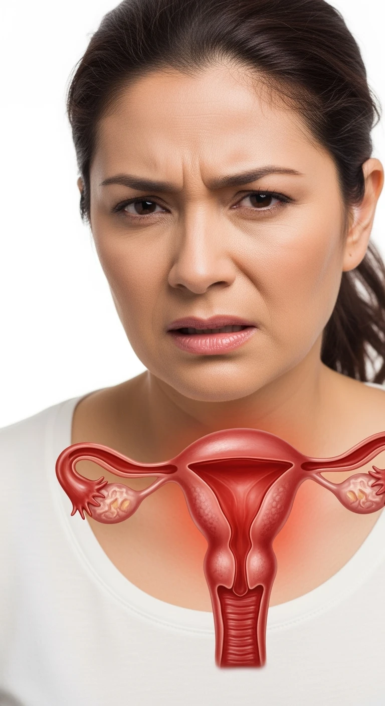 donna con utero umano realistico in evidenza dolorante, espressione di dolore in volto, sfondo bianco emoji