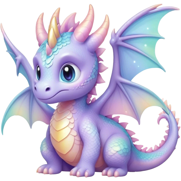 Cinematic fluffy pastel dragon, tiny round wings, chubby feet, sparkling gentle eyes, delicate glowing scales, soft colors blending magically, enchanting and whimsical. emoji