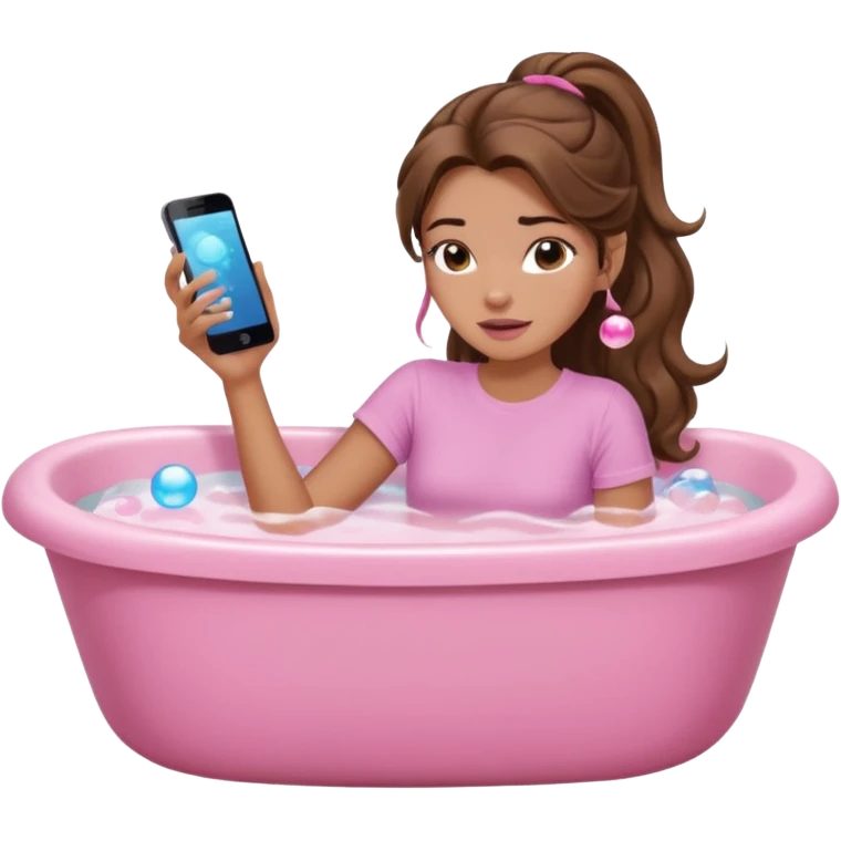 girl with wavy long ponytail brown hair, brown eyes, light to medium complexion, long lashes, light pink lipstick, wearing light pink shirt, lying full body in a bathtub with bubbles emoji