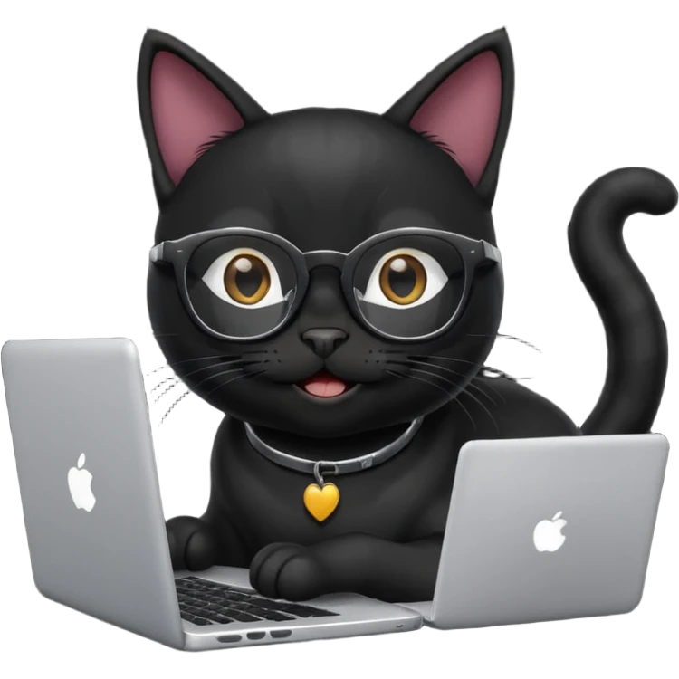 black cat smiling in glasses with laptop emoji