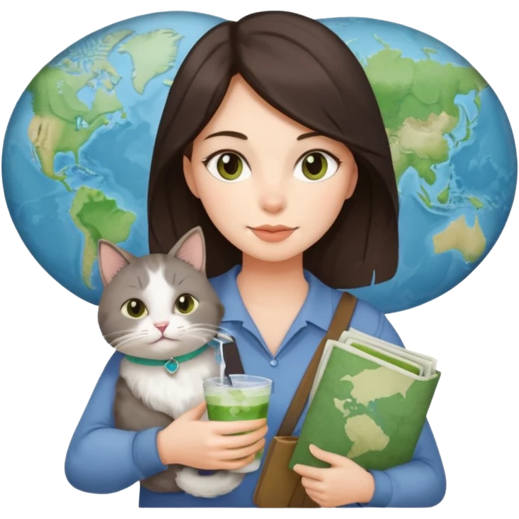 a brunette woman in here 30S drinking an iced matcha, carrying a grey cat and a map of the world emoji