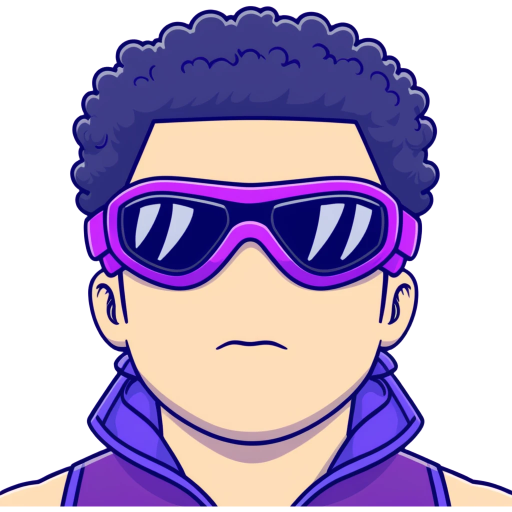 male athlete with white skin and moderately curly black hair on top with shaved sides, wearing ski goggles with purple frames and very dark black lenses, a simple plain black chain necklace, and an open shiny purple vest showing his chest and abs, no earrings emoji