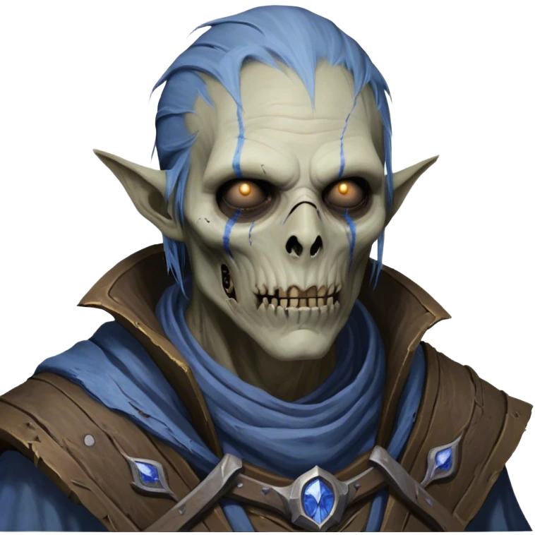 Cinematic Realistic WoW undead civilian Portrait, depicted with decayed yet noble features, his weathered, pallid skin etched with ghostly blue veins and ancient scars. Clad in modest, tattered attire in muted browns and greys that remain consistently rugged, his hollow eyes burn with determined defiance. Rendered with lifelike texture and dramatic natural lighting, high shine, noble and resilient, capturing the stoic spirit of an undead veteran of Azeroth. emoji