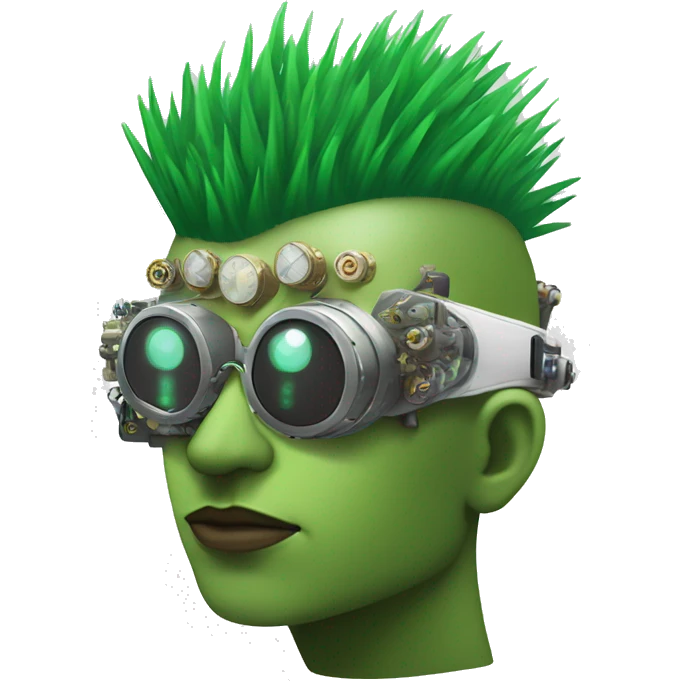 Green Mohawk hair male cyborg head with white steampunk goggles and circuits emoji
